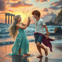 A charming love story scene between a teenage daughter of Poseidon and a teenage son of Hermes, set against a vibrant mythical beach at sunset