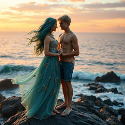 A heartwarming love story scene between a teenage daughter of Poseidon and a teenage son of Hermes, depicted on a beautiful coastal cliff during sunset