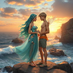 A heartwarming love story scene between a teenage daughter of Poseidon and a teenage son of Hermes, depicted on a beautiful coastal cliff during sunset