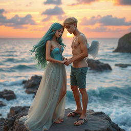 A heartwarming love story scene between a teenage daughter of Poseidon and a teenage son of Hermes, depicted on a beautiful coastal cliff during sunset