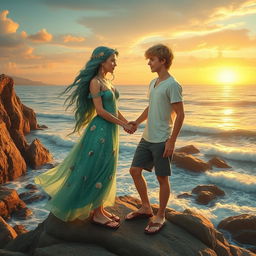 A heartwarming love story scene between a teenage daughter of Poseidon and a teenage son of Hermes, depicted on a beautiful coastal cliff during sunset