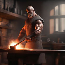 A detailed digital art image of a muscular blacksmith in a medieval shop, captured in the act of crafting an elegant sword