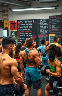 A motivational gym scene depicting individuals training hard to achieve their fitness goals, focusing on exercises that target the middle back such as bent-over rows and lat pull-downs