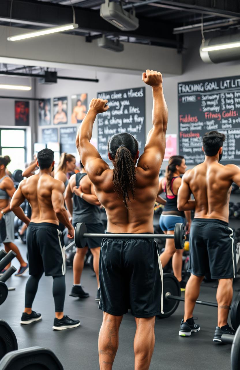 A motivational gym scene depicting individuals training hard to achieve their fitness goals, focusing on exercises that target the middle back such as bent-over rows and lat pull-downs