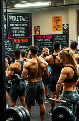 A motivational gym scene depicting individuals training hard to achieve their fitness goals, focusing on exercises that target the middle back such as bent-over rows and lat pull-downs