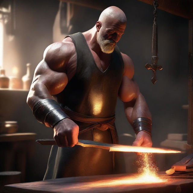 A detailed digital art image of a muscular blacksmith in a medieval shop, captured in the act of crafting an elegant sword