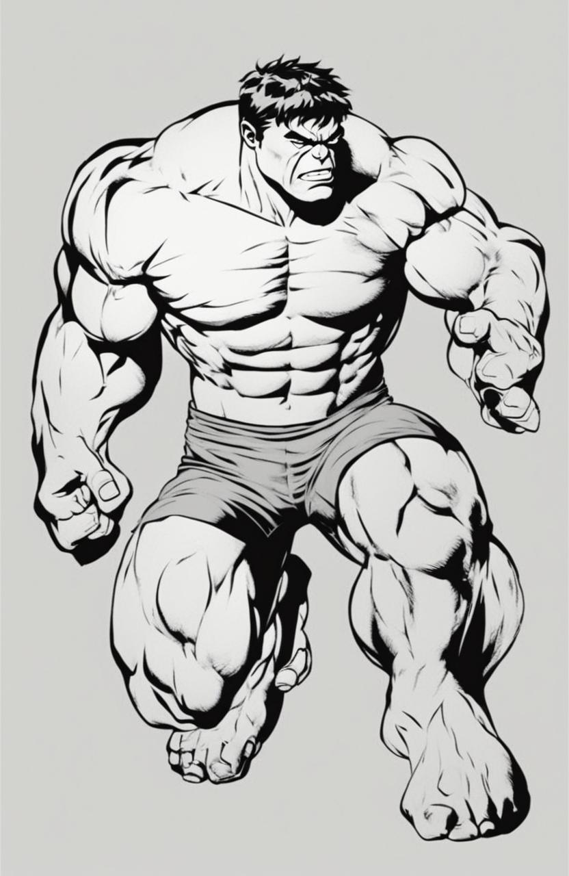 A high-quality, black and white coloring page featuring an outline of the Marvel character, the Hulk