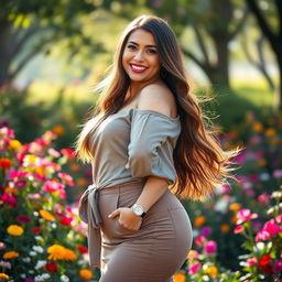 A vibrant and lively portrait of a young woman with a full figure, showcasing confidence and beauty