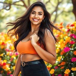 A vibrant and lively portrait of a young woman with a full figure, showcasing confidence and beauty