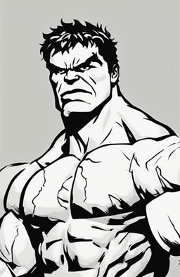 A high-quality, black and white coloring page featuring an outline of the Marvel character, the Hulk