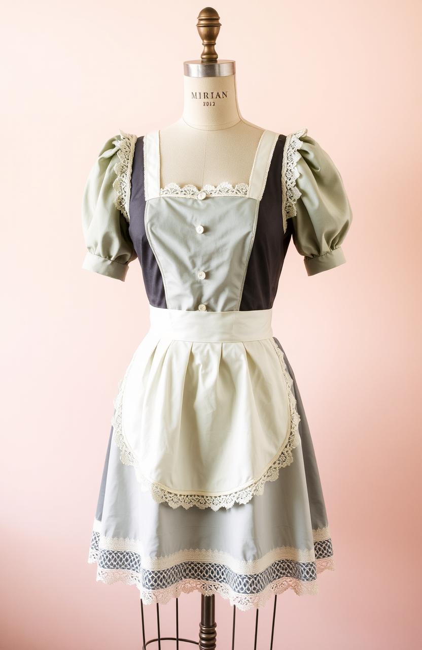 A vintage mannequin dressed in a classic maid uniform, showcasing intricate details like lace trimming and a frilly apron