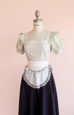 A vintage mannequin dressed in a classic maid uniform, showcasing intricate details like lace trimming and a frilly apron