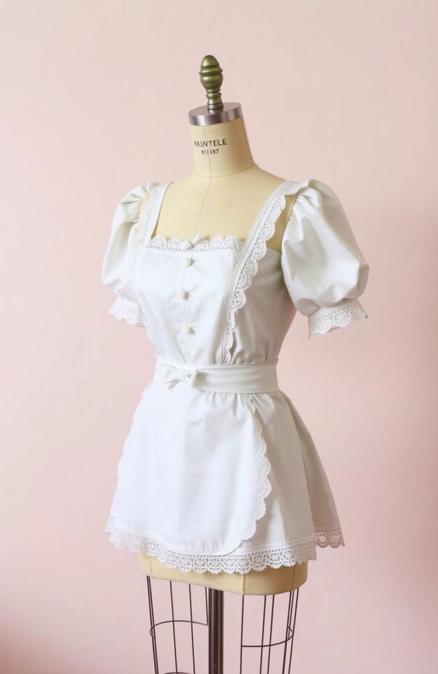 A vintage mannequin dressed in a classic maid uniform, showcasing intricate details like lace trimming and a frilly apron