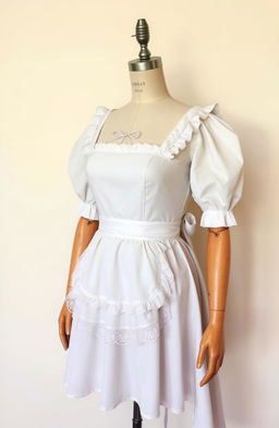 A vintage mannequin dressed in a classic maid uniform, showcasing intricate details like lace trimming and a frilly apron