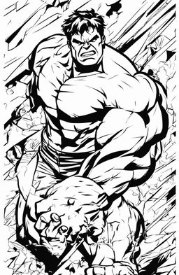 A high-quality, black and white coloring page featuring an outline of the Marvel character, the Hulk