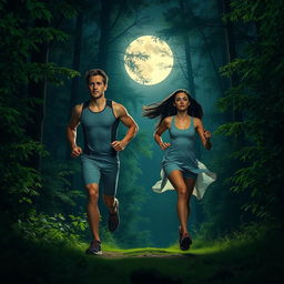 A tall man with short brown hair and a slim woman with long dark hair running through a moonlit forest