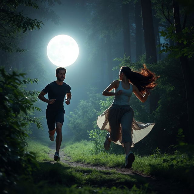 A tall man with short brown hair and a slim woman with long dark hair running through a moonlit forest