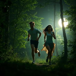 A tall man with short brown hair and a slim woman with long dark hair running through a moonlit forest