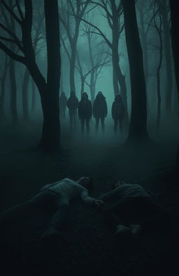 A mysterious scene in a foggy forest at dusk, featuring two lifeless bodies lying on the forest floor surrounded by eerie, ancient trees