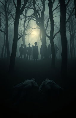 A mysterious scene in a foggy forest at dusk, featuring two lifeless bodies lying on the forest floor surrounded by eerie, ancient trees