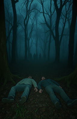 A mysterious scene in a foggy forest at dusk, featuring two lifeless bodies lying on the forest floor surrounded by eerie, ancient trees