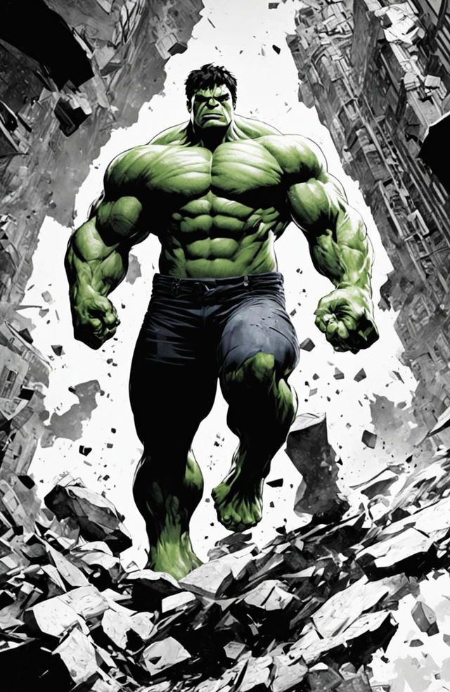 A high-quality, black and white coloring page featuring an outline of the Marvel character, the Hulk