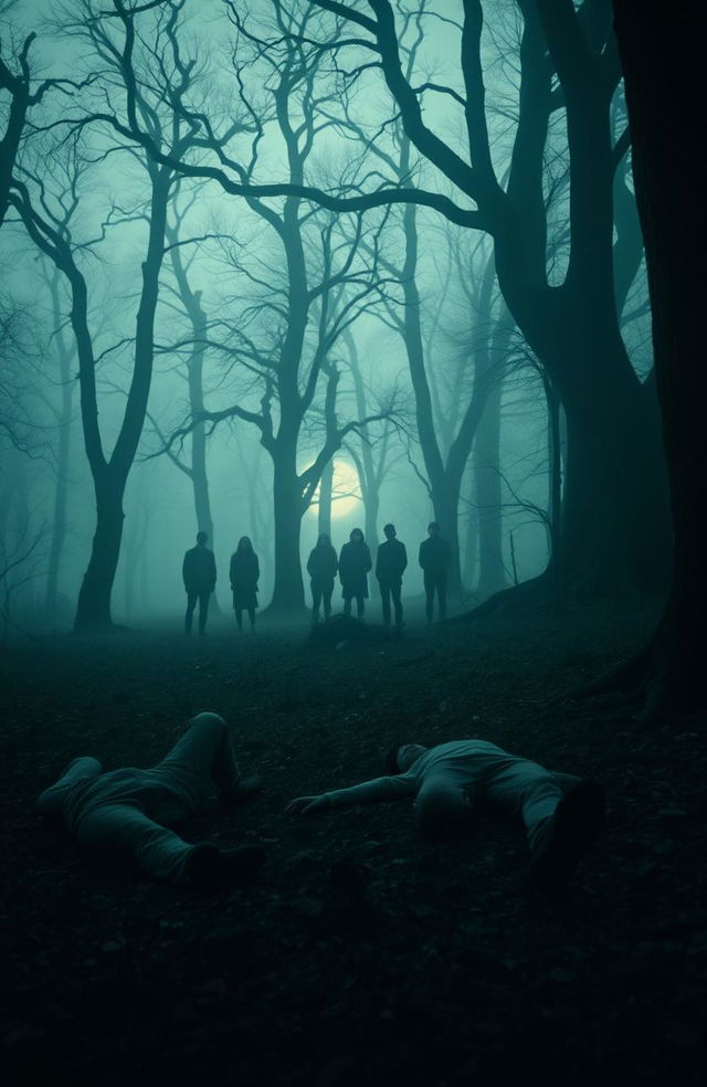 A mysterious scene in a foggy forest at dusk, featuring two lifeless bodies lying on the forest floor surrounded by eerie, ancient trees