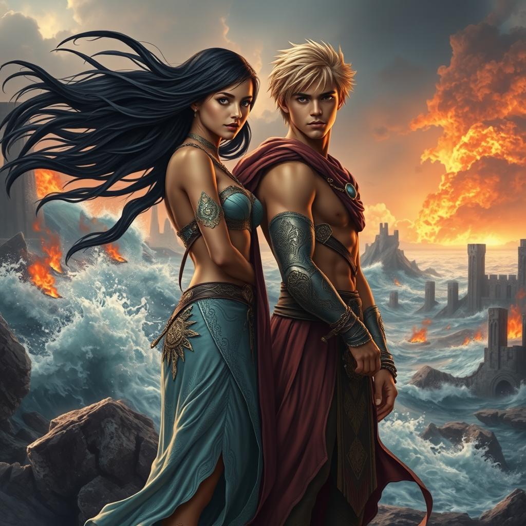 A dramatic love story scene featuring a teenage daughter of Poseidon with flowing black hair, wearing intricately designed warrior clothes that shimmer like ocean waves