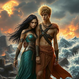A dramatic love story scene featuring a teenage daughter of Poseidon with flowing black hair, wearing intricately designed warrior clothes that shimmer like ocean waves