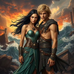 A dramatic love story scene featuring a teenage daughter of Poseidon with flowing black hair, wearing intricately designed warrior clothes that shimmer like ocean waves