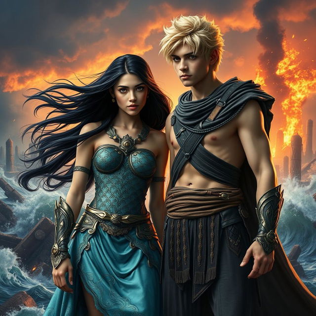 A dramatic love story scene featuring a teenage daughter of Poseidon with flowing black hair, wearing intricately designed warrior clothes that shimmer like ocean waves