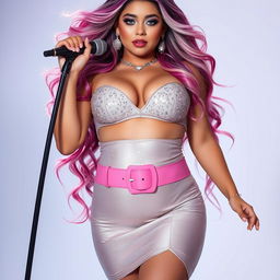 A full-length image of a beautiful and attractive 18-year-old girl weighing 175 lbs, showcasing an hourglass figure with a soft round fleshy belly and extra wide thighs