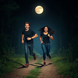 A tall man with short brown hair and a slim woman with long dark hair, both wearing black t-shirts and jeans, running through a moonlit forest