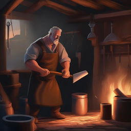 A detailed digital art image of a burly blacksmith in a medieval shop, engrossed in crafting a menacing axe