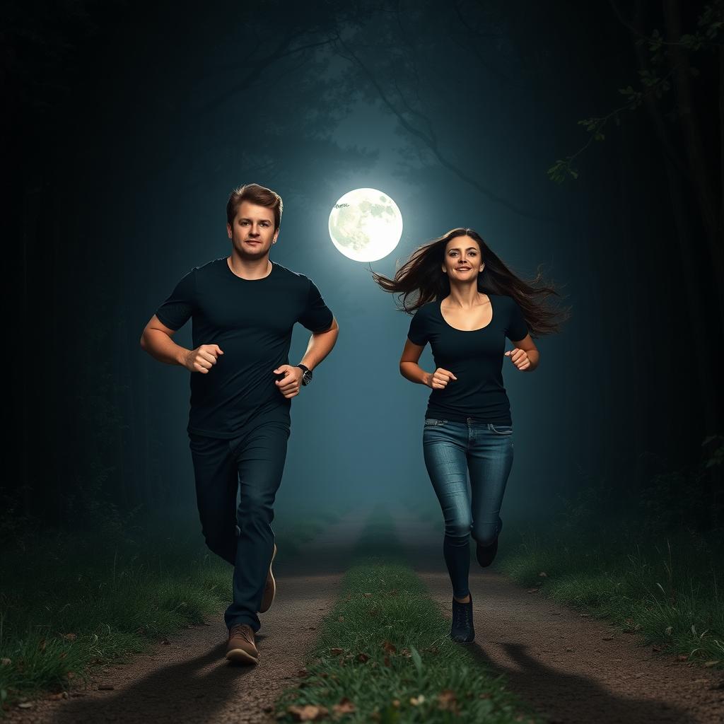 A tall man with short brown hair and a slim woman with long dark hair, both wearing black t-shirts and jeans, running through a moonlit forest