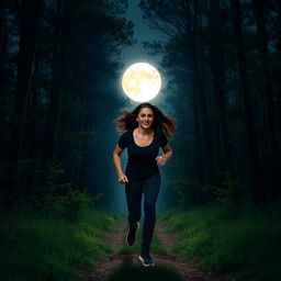 A tall man with short brown hair and a slim woman with long dark hair, both wearing black t-shirts and jeans, running through a moonlit forest