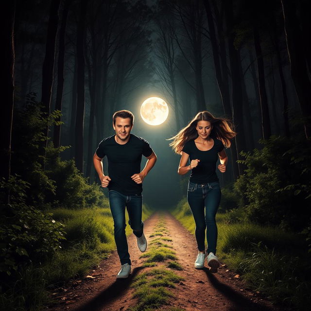 A tall man with short brown hair and a slim woman with long dark hair, both wearing black t-shirts and jeans, running through a moonlit forest