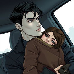 A detailed illustration of a 25-year-old man sitting in a car, gazing thoughtfully out the window