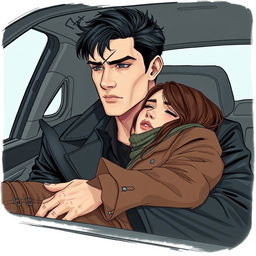 A detailed illustration of a 25-year-old man sitting in a car, gazing thoughtfully out the window