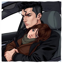 A detailed illustration of a 25-year-old man sitting in a car, gazing thoughtfully out the window