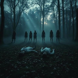 A chilling scene set in a secluded forest clearing at twilight, showcasing two bodies lying on a carpet of fallen leaves and moss