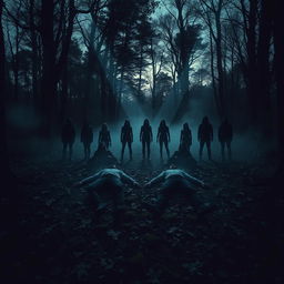 A chilling scene set in a secluded forest clearing at twilight, showcasing two bodies lying on a carpet of fallen leaves and moss