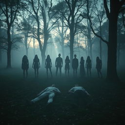 A chilling scene set in a secluded forest clearing at twilight, showcasing two bodies lying on a carpet of fallen leaves and moss