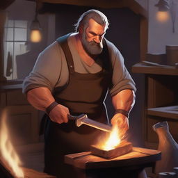 A detailed digital art image of a burly blacksmith in a medieval shop, engrossed in crafting a menacing axe