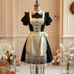 Aesthetic mannequin dressed in an elegant, vintage maid uniform, featuring a fitted bodice, a flared skirt, and intricate lace detailing