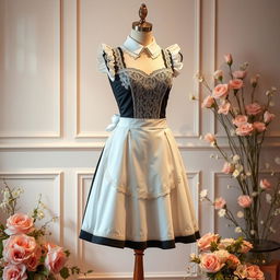 Aesthetic mannequin dressed in an elegant, vintage maid uniform, featuring a fitted bodice, a flared skirt, and intricate lace detailing
