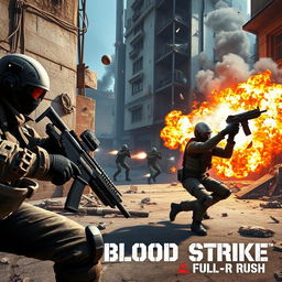 A thrilling scene from a first-person shooter game titled 'Blood Strike Full Rush'