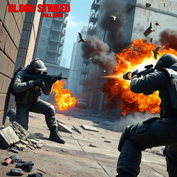 A thrilling scene from a first-person shooter game titled 'Blood Strike Full Rush'