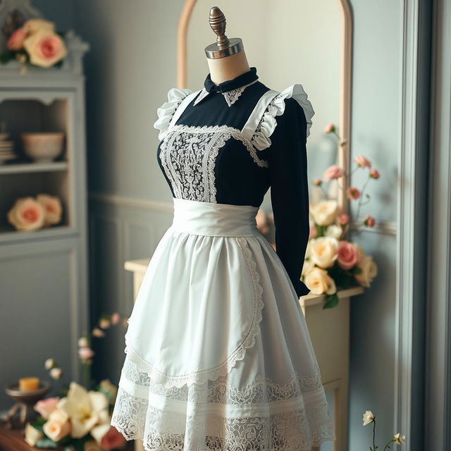 Aesthetic mannequin dressed in an elegant, vintage maid uniform, featuring a fitted bodice, a flared skirt, and intricate lace detailing