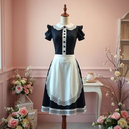Aesthetic mannequin dressed in an elegant, vintage maid uniform, featuring a fitted bodice, a flared skirt, and intricate lace detailing